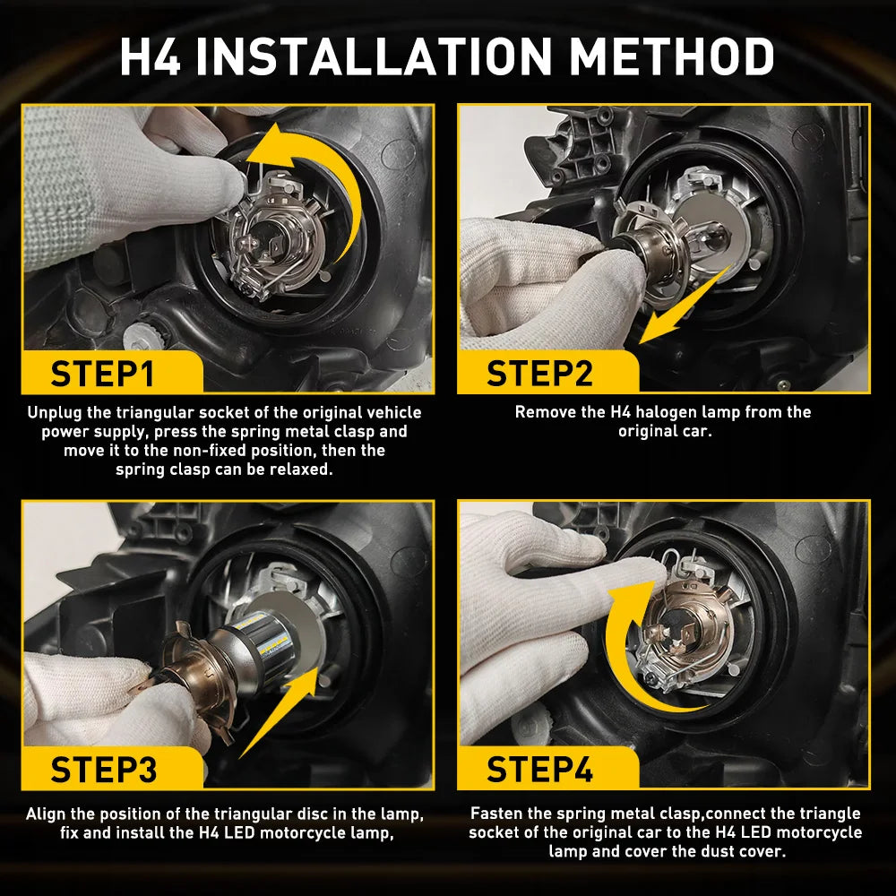 Step-by-step guide showing the installation method for an H4 halogen lamp in a motorcycle headlight.
