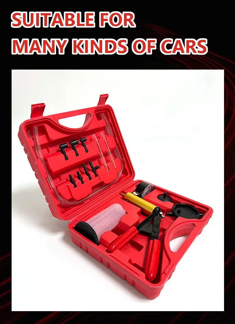 Red manual vacuum pump and brake bleeder kit in an open red plastic case.