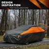 An orange and black all-weather UV car protection cover is shown on a vehicle in a wooded outdoor setting.
