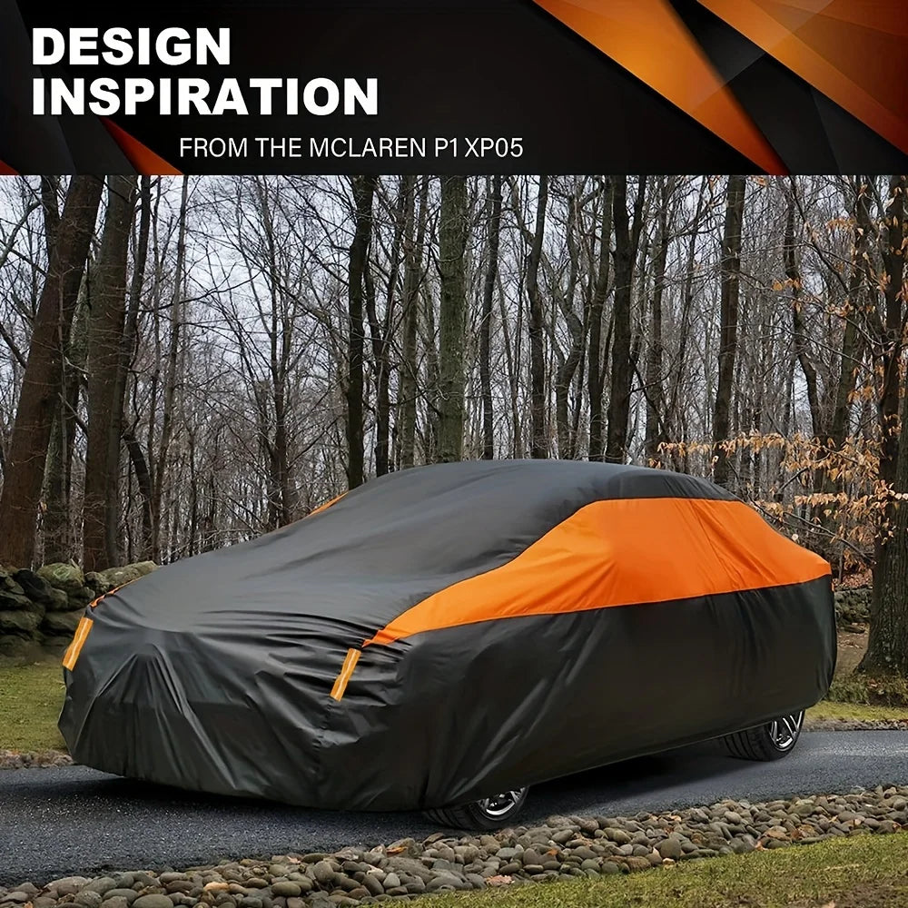 An orange and black all-weather UV car protection cover is shown on a vehicle in a wooded outdoor setting.
