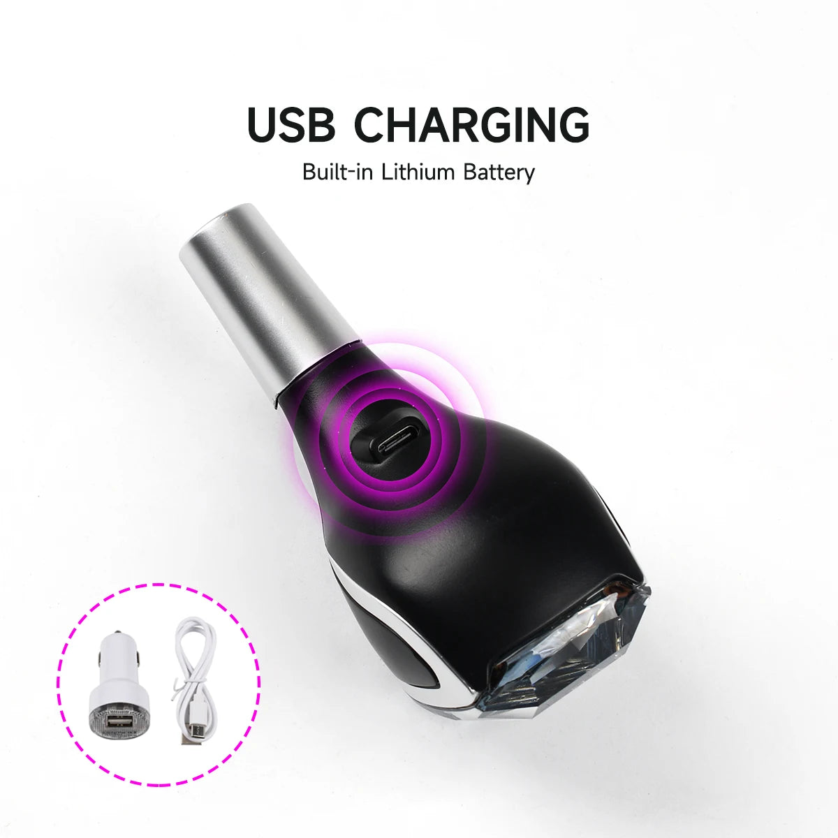 A black LED glowing gear shift knob is shown with a diagram illustrating the built-in lithium battery and USB charging port.