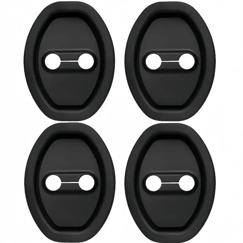 Un jeu de quatre protège-serrure pour portes de voiture noires, chacun avec une fente horizontale pour la serrure.