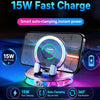 A phone is being fast charged using a smart auto-clamping mount with RGB lighting and 15W power.