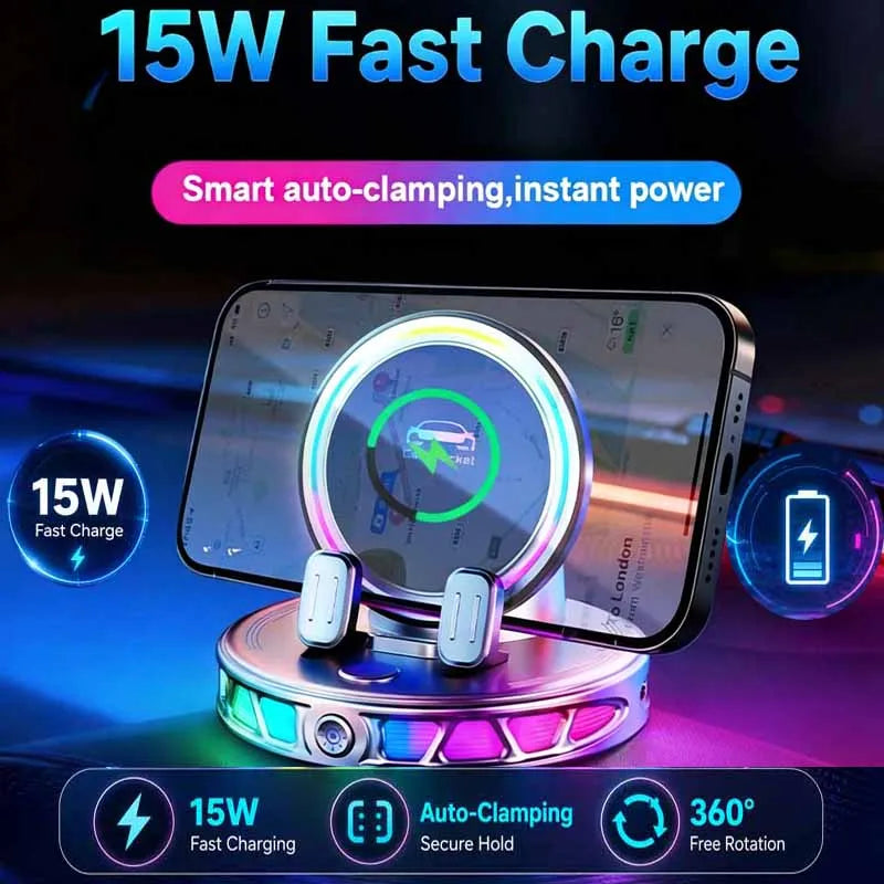A phone is being fast charged using a smart auto-clamping mount with RGB lighting and 15W power.
