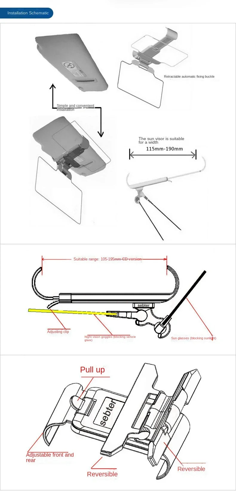 Diagrams showing the installation and features of an HD Anti-Glare Car Sun Visor including a retractable fixing buckle and ad
