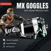 A person wearing black and teal motocross goggles is shown against a dark background with text promoting off-road protection.