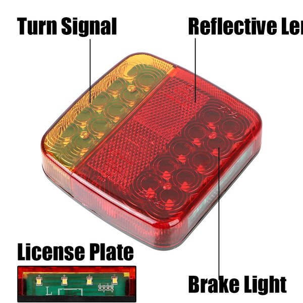 A close-up view of a magnetic wireless LED brake light assembly with a turn signal and license plate mount.
