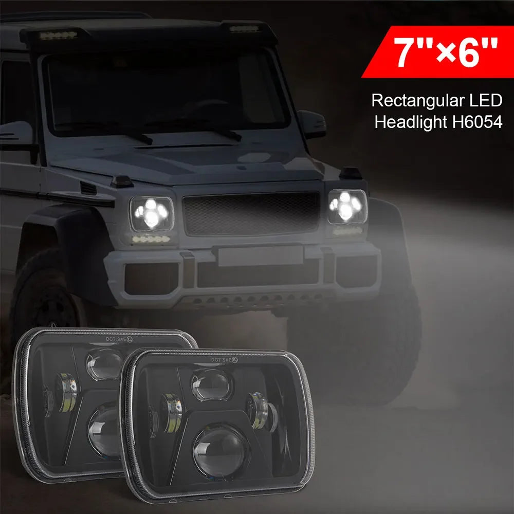 A rectangular LED headlight assembly for a vehicle, shown alongside the installed unit.