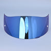 A dark blue motorcycle helmet visor with a reflective shield featuring a light blue gradient and a white butterfly design.