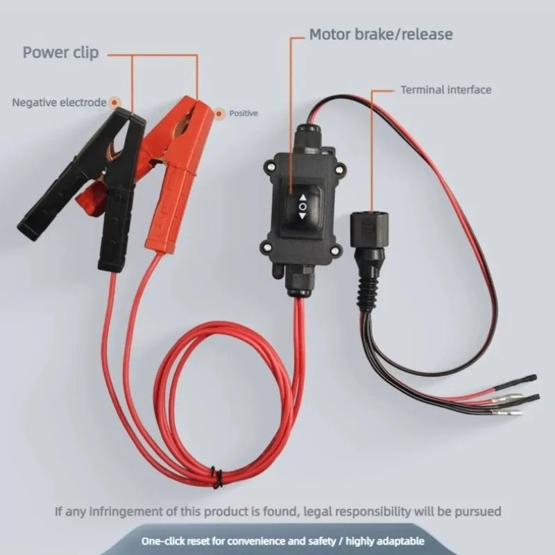 A tool for motor brake release featuring a power clip, negative and positive electrodes, and a terminal interface.