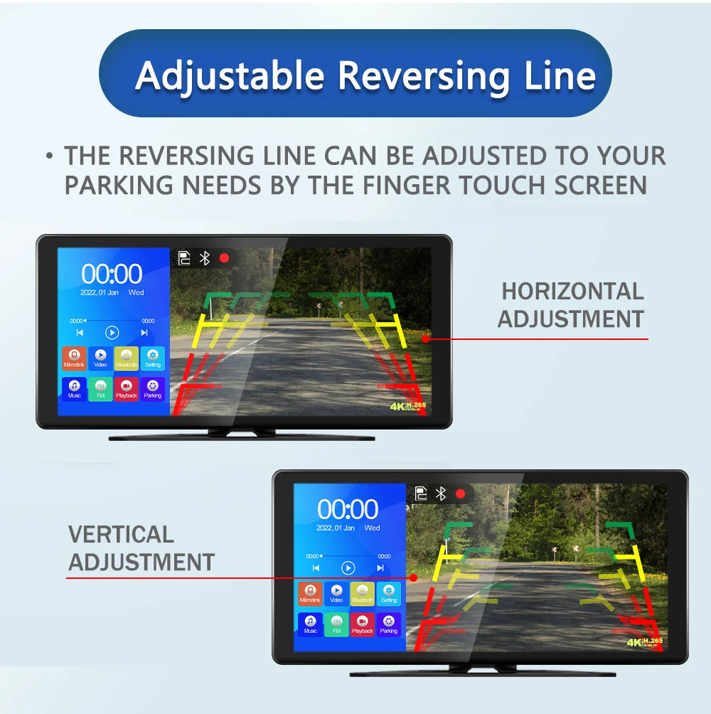 A display showing adjustable reversing line features for a truck and vehicle camera system.