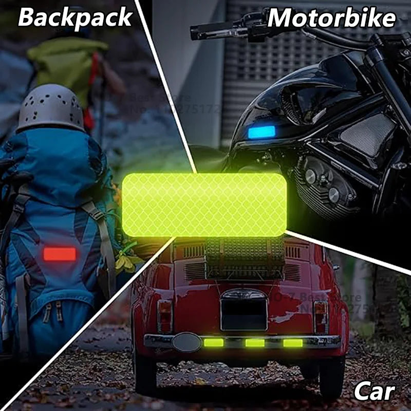 A composite image showing a backpack, motorbike, and car with reflective safety stickers and tape set.