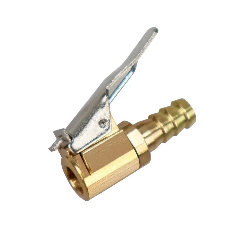 A portable inflatable tire pump with a metal handle and brass nozzle for automotive valves.