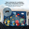 Blue window shades with colorful cartoon characters and a mesh layer for ventilation and insect protection