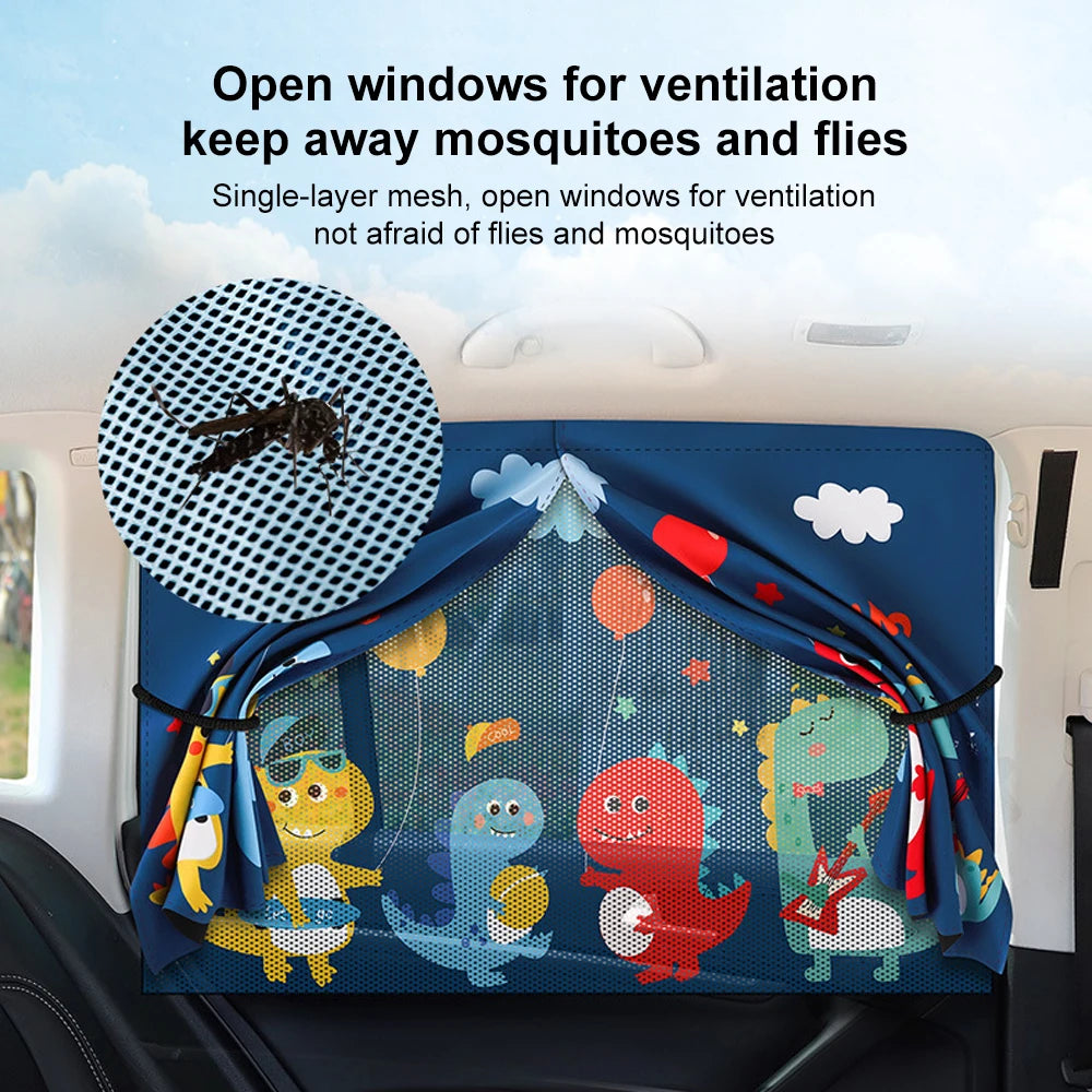 Blue window shades with colorful cartoon characters and a mesh layer for ventilation and insect protection