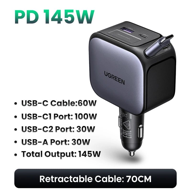 A black UGREEN PD 145W multi-port car charger with USB-C, USB-C1, USB-C2, and USB-A ports.