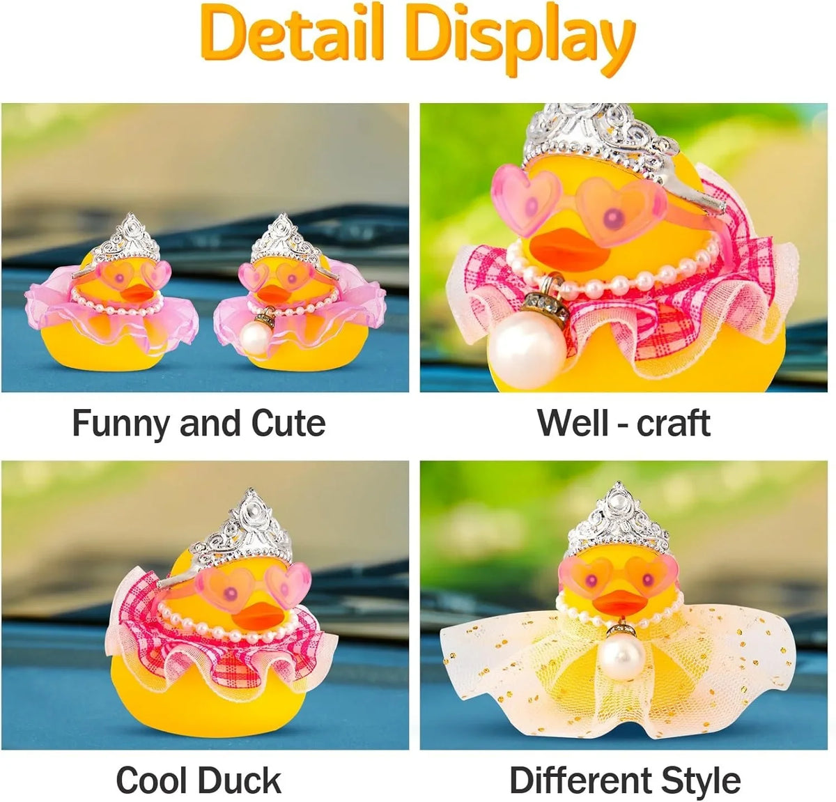 A display of decorative rubber ducks featuring various styles including Funny and Cute, Well-craft, Cool Duck, and Different 