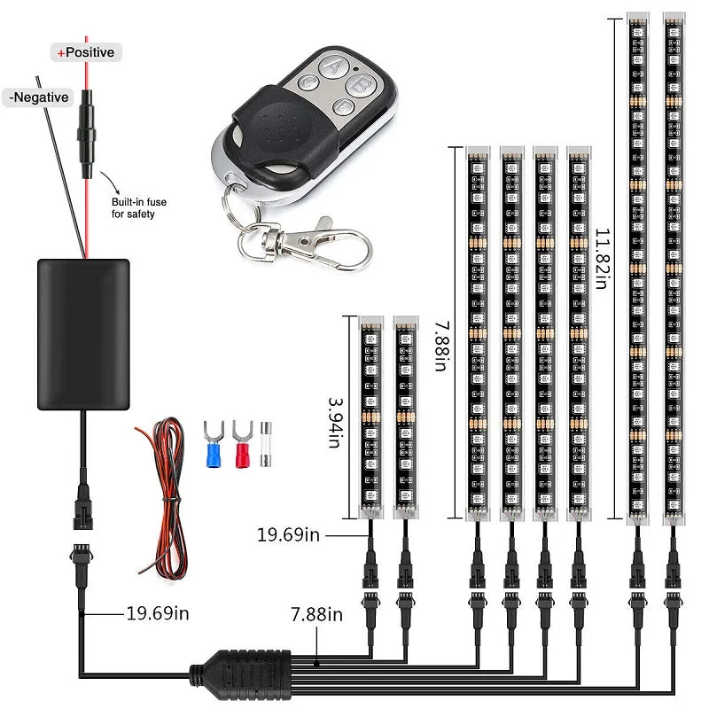 Motorcycle RGB LED underglow kit showing the main unit, remote control, and wiring harness.