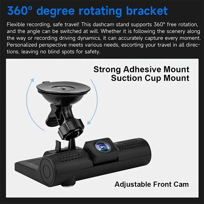 A black adjustable front dashcam mount with a suction cup for 360 degree rotating recording.