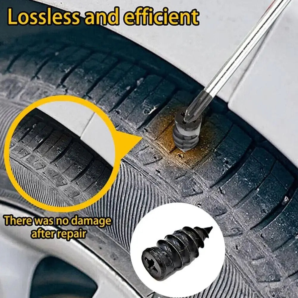 A close-up of a car tire showing a successful repair, demonstrating a seamless fix without damage.