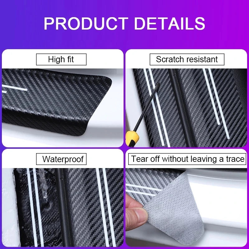 Close-up view of a black carbon fiber decal protecting a car door or trunk, showing its scratch resistance and waterproof fea
