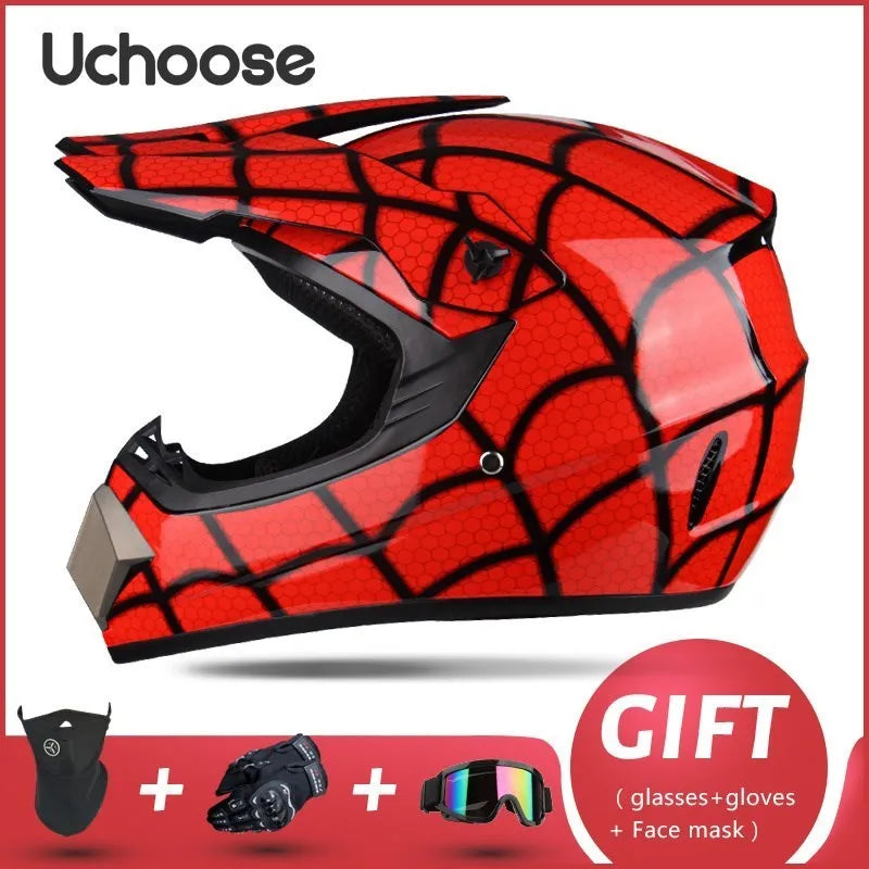 Casque de moto tout-terrain rouge à motifs avec accessoires