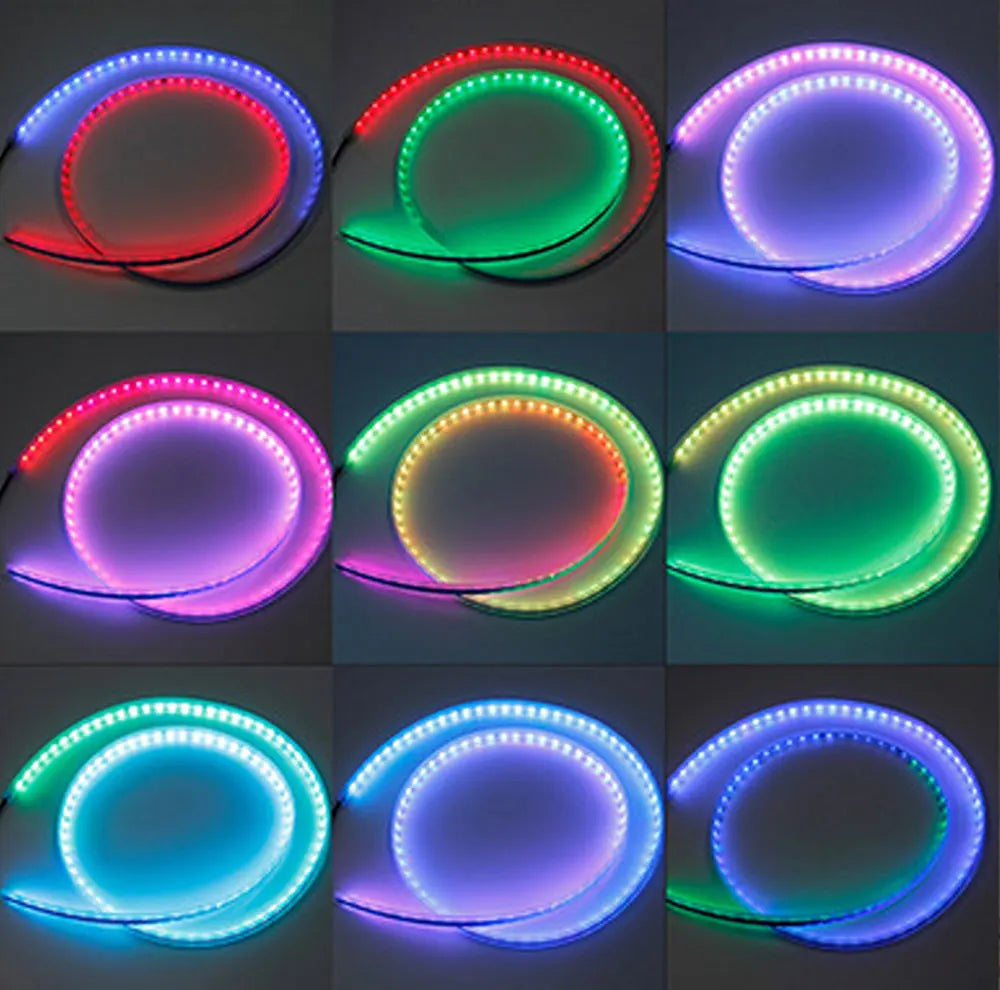 A grid showing various colors of RGB LED car hood light strips illuminating a circular area.