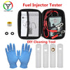 A set of fuel injector testers and a DIY cleaning tool with gloves and various cleaning tips
