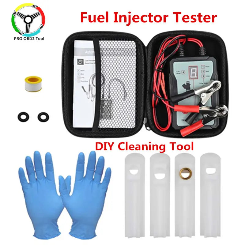 A set of fuel injector testers and a DIY cleaning tool with gloves and various cleaning tips