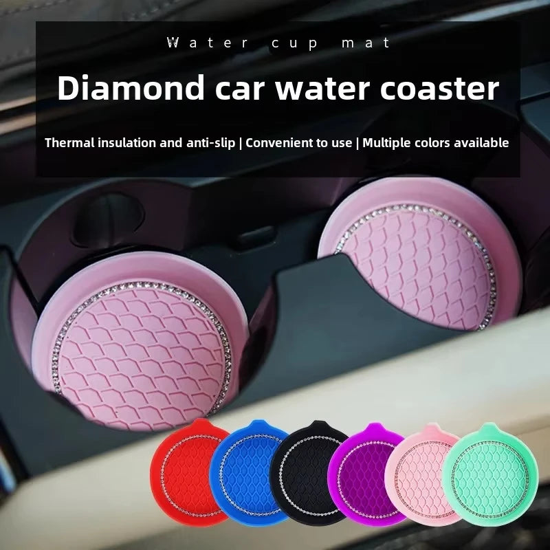 Diamond car water coaster in various colors shown inside a car cup holder