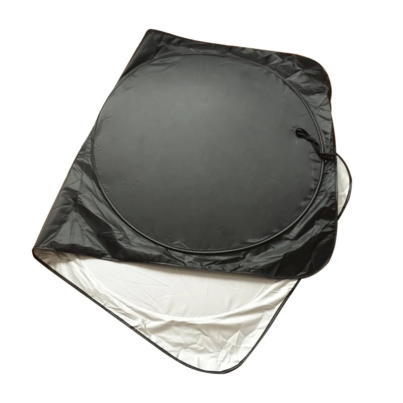 Black folding car sunshade with a clear plastic layer for windshield UV protection