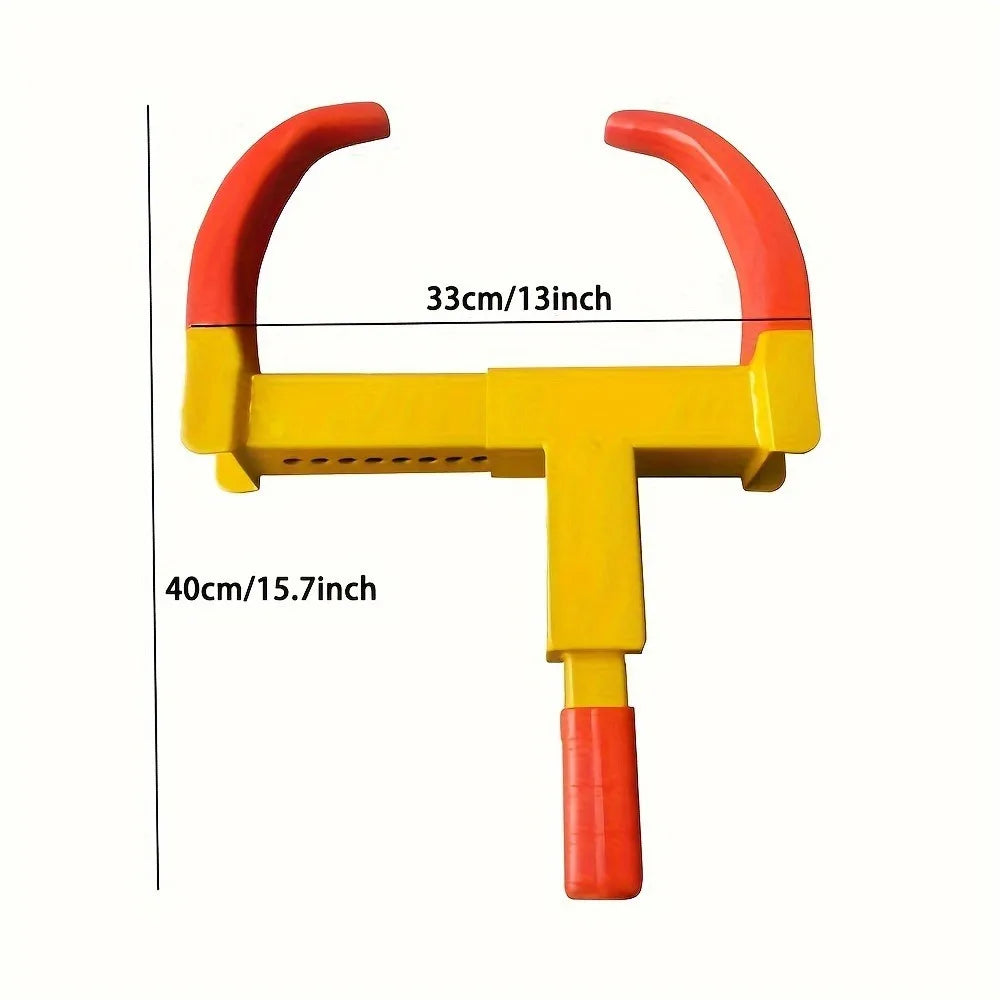 Yellow and orange heavy duty adjustable tire lock with measurements shown.