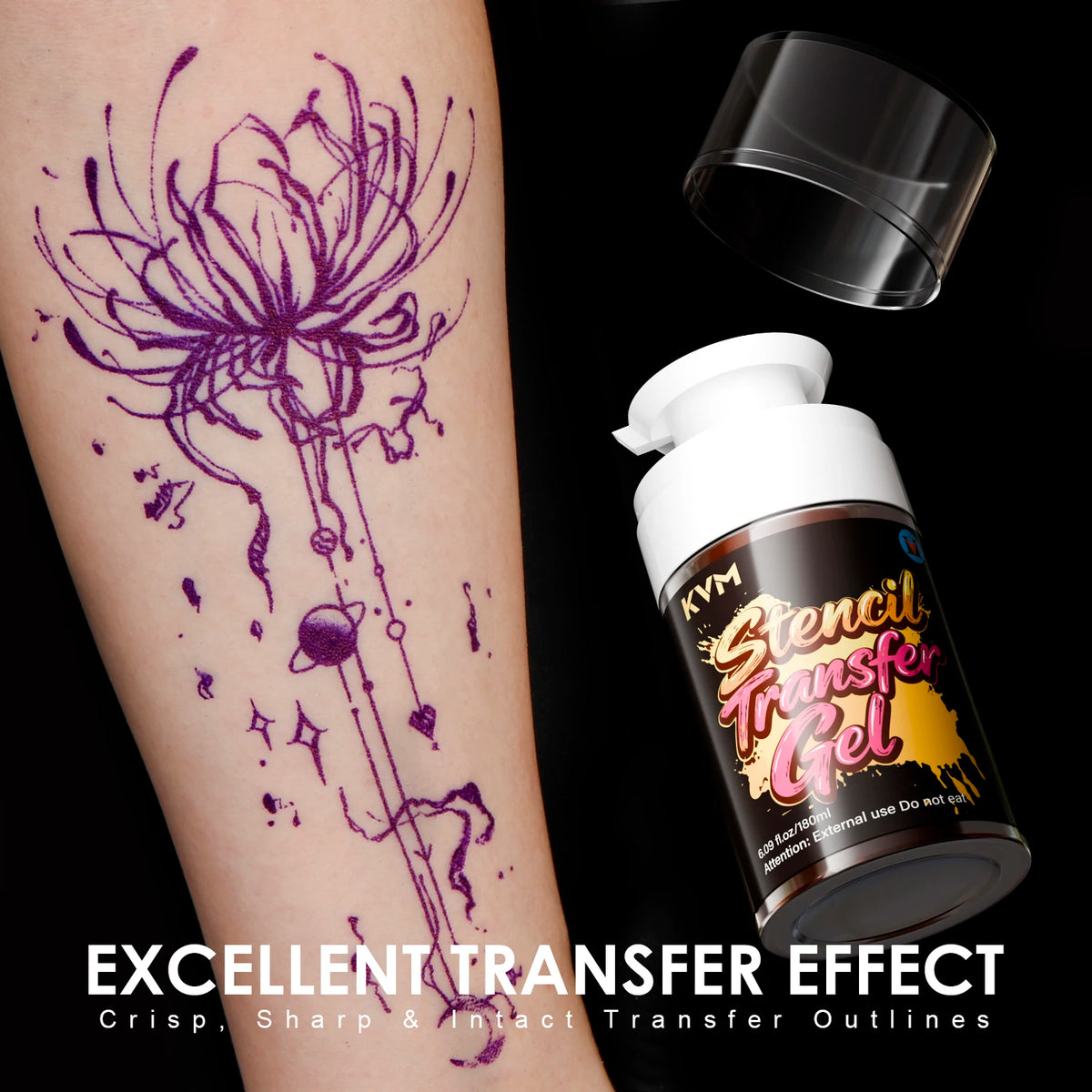 A purple line art tattoo design on an arm next to a bottle of Stencil Transfer Gel gel