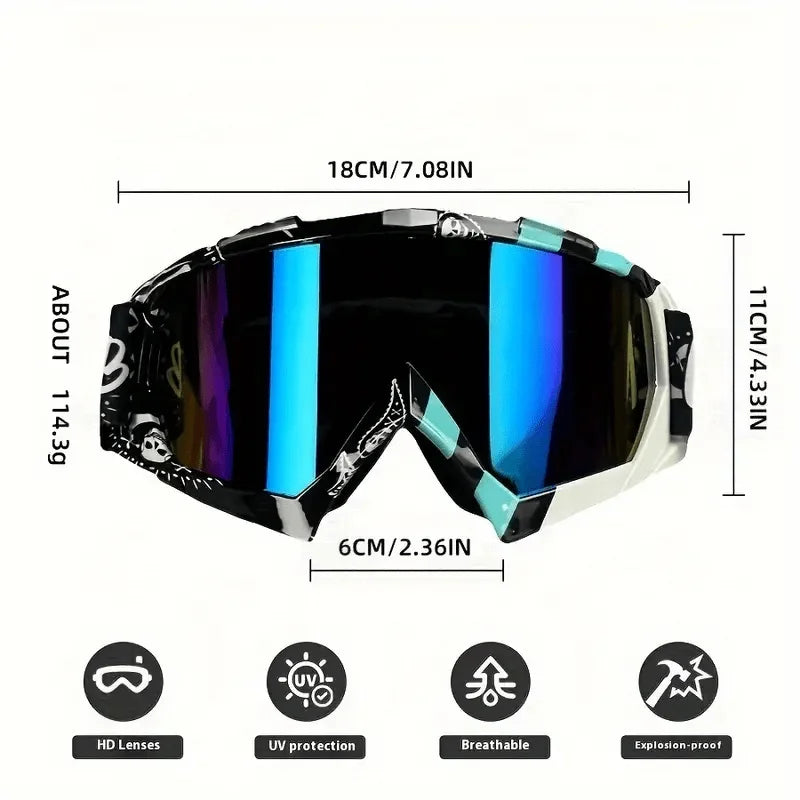 A pair of multi-color noseless motorcycle goggles with black and blue lenses and white accents.