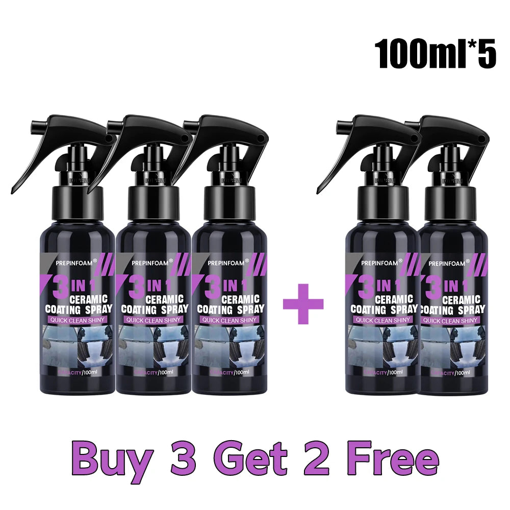 Five 100ml bottles of ceramic coating spray for vehicle protection with a buy three get two free offer