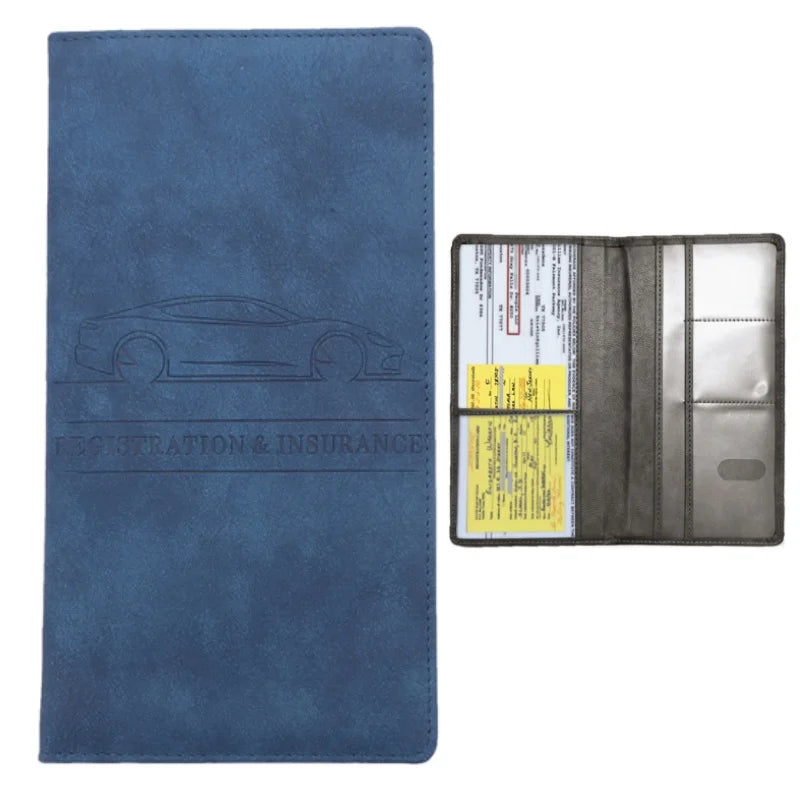 A dark blue PU leather document organizer featuring a sleeve for car and driver's licenses.