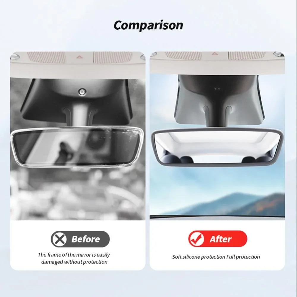 Comparison showing a rearview mirror before and after silicone protection for a car model.