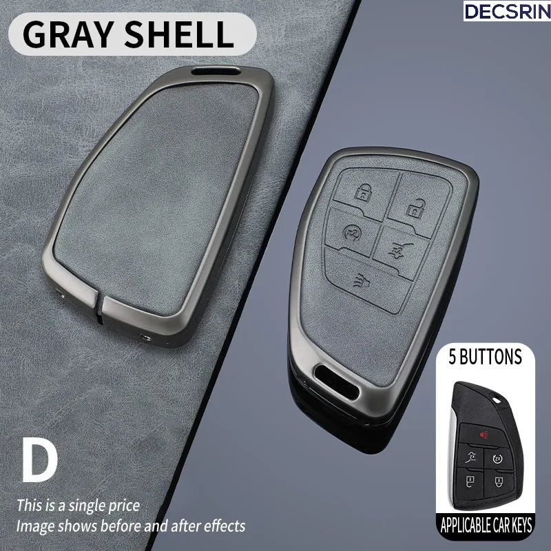 A gray shell multi-button car key case cover shown in different views on a dark surface.