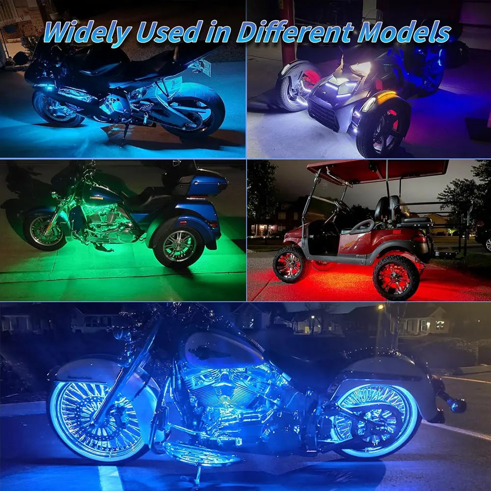Various vehicle models illuminated by bright blue and red RGB LED atmosphere lights.
