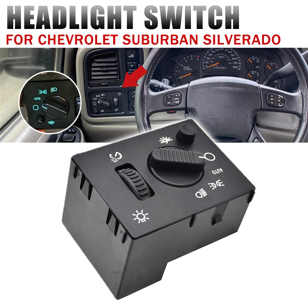 Un ensemble de commutateur de phares antibrouillard noir conçu pour un Chevrolet Suburban Silverado.
