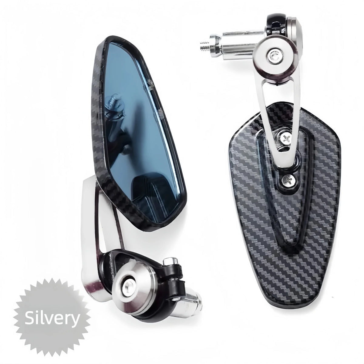 Silver carbon fiber rearview mirror assembly for a motorcycle.