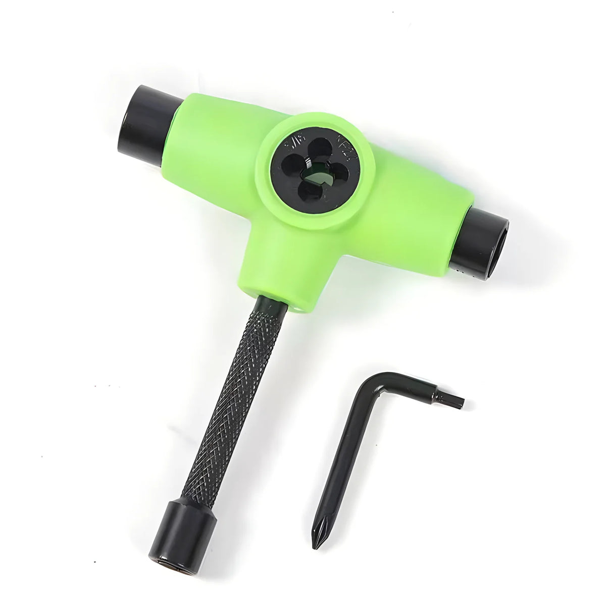 A lime green multi-tool with a black handle and a detachable metal tool tip.