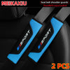 Two blue and black PU leather carbon fiber seat belt shoulder guards for a car seat.