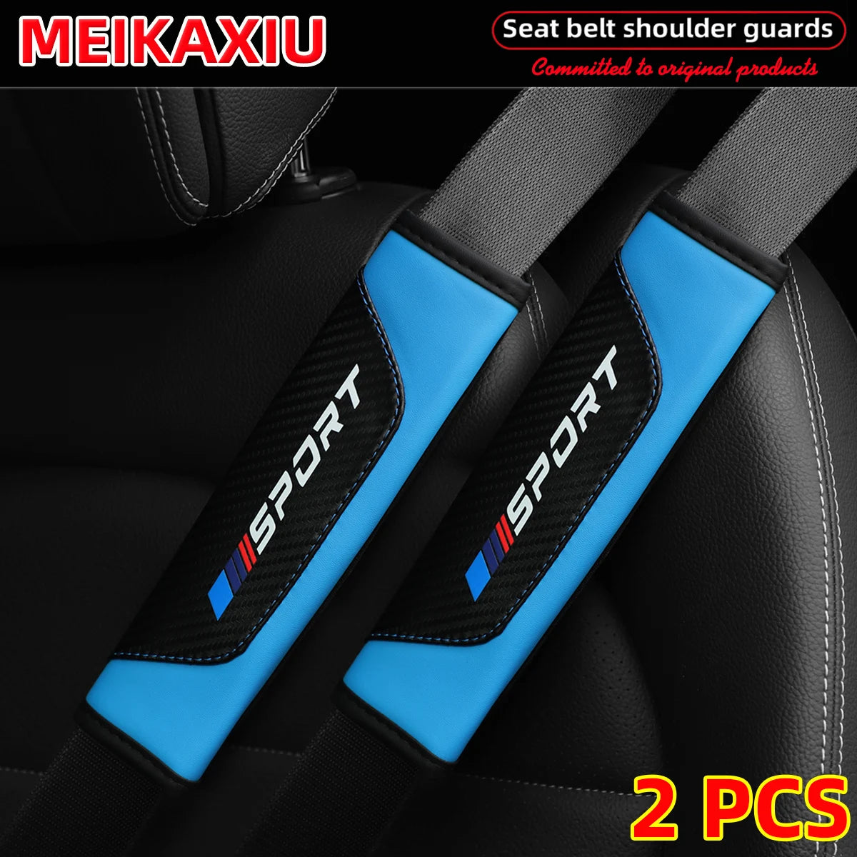 Two blue and black PU leather carbon fiber seat belt shoulder guards for a car seat.