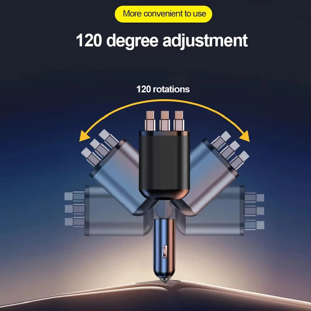 A close-up view of a 120 degree adjustment car charger with multiple retractable cables and a digital voltmeter.