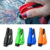 A set of four emergency car escape tools including a window breaker and seatbelt cutter in black, green, blue, and orange.