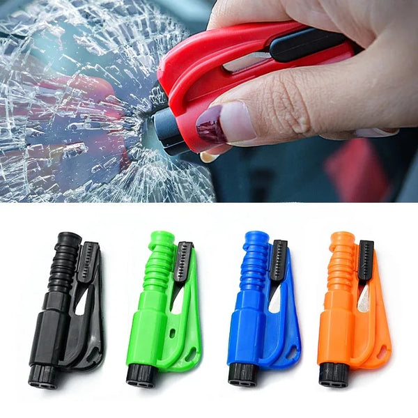 A set of four emergency car escape tools including a window breaker and seatbelt cutter in black, green, blue, and orange.