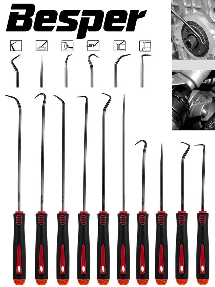 A set of precision oil seal and O-ring removal hooks in black and red for automotive or mechanical use.