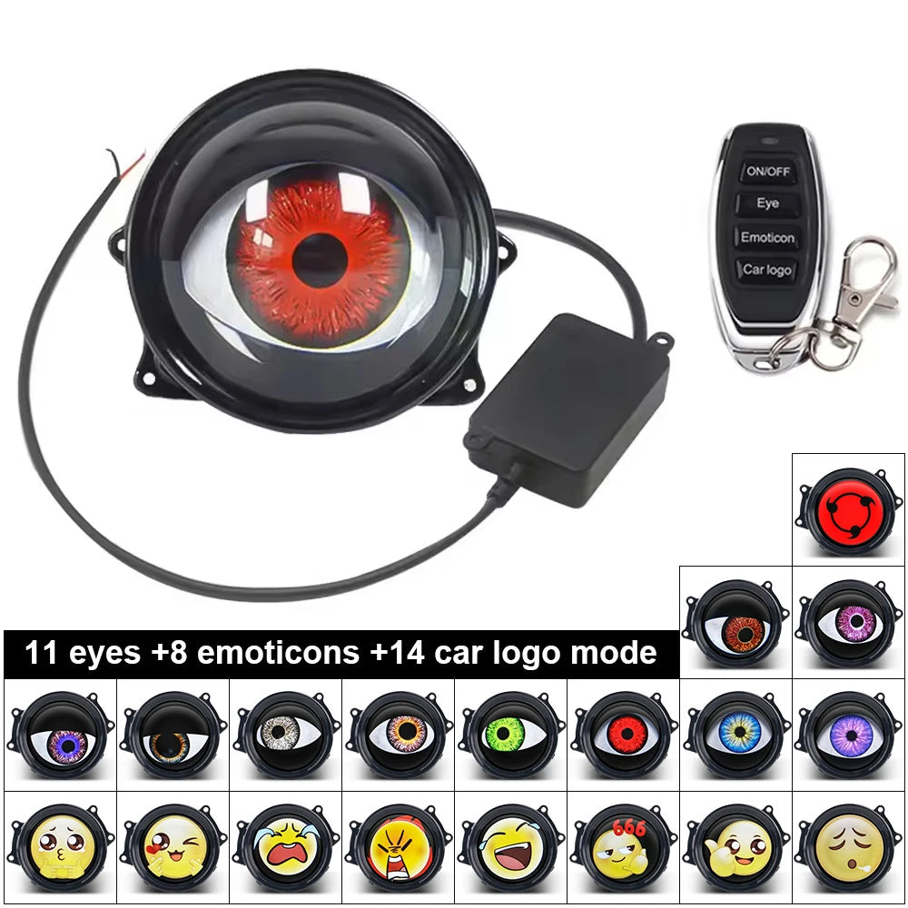 A set of dynamic devil's eye car headlights with various eye and emotion icons for customization.