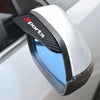 A white universal car rearview mirror rain cover with a black sports grip and blue lens installed in a vehicle interior.